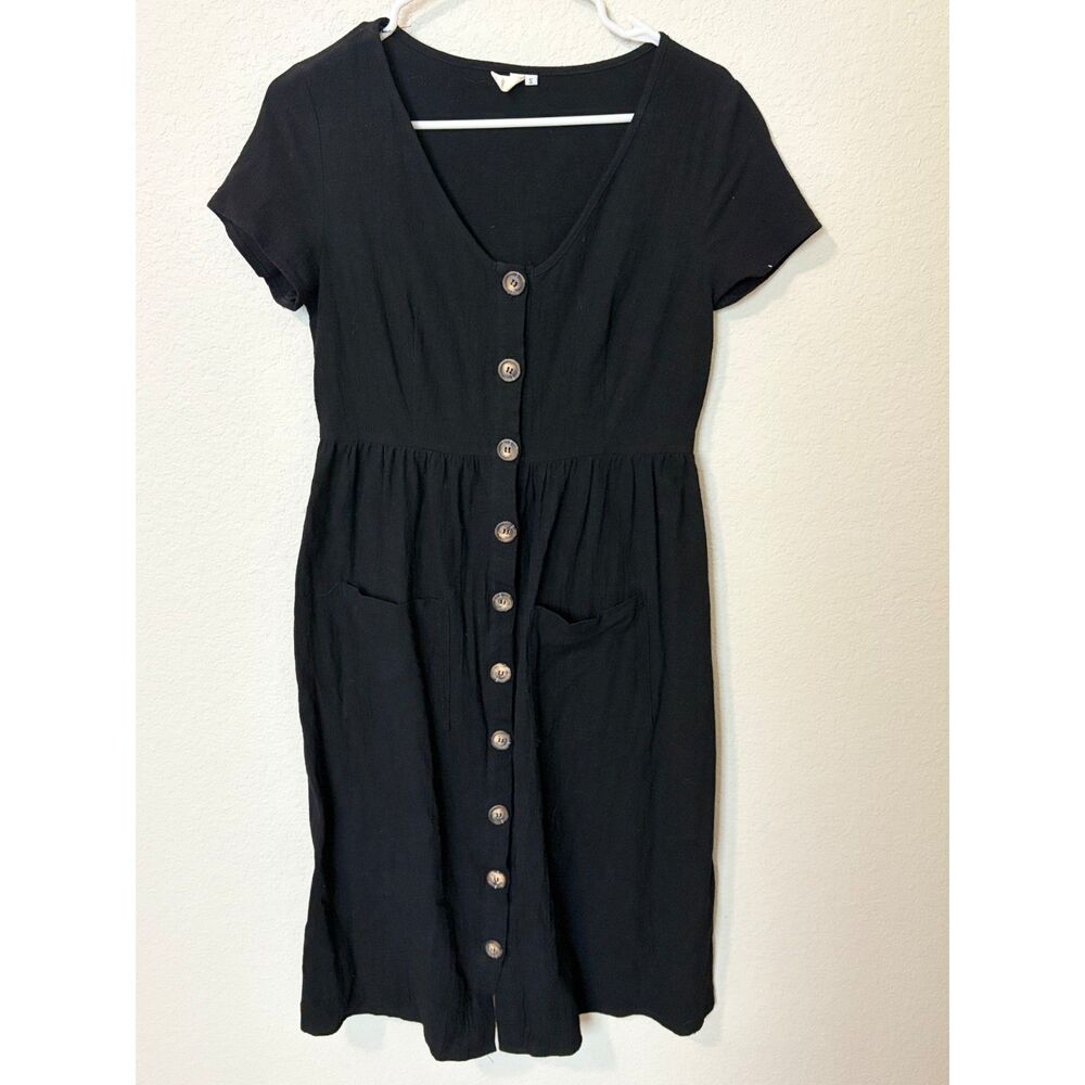 Pinkblush Black Button Front Midi Dress Pockets Short Sleeve V-Neck Cotton S
